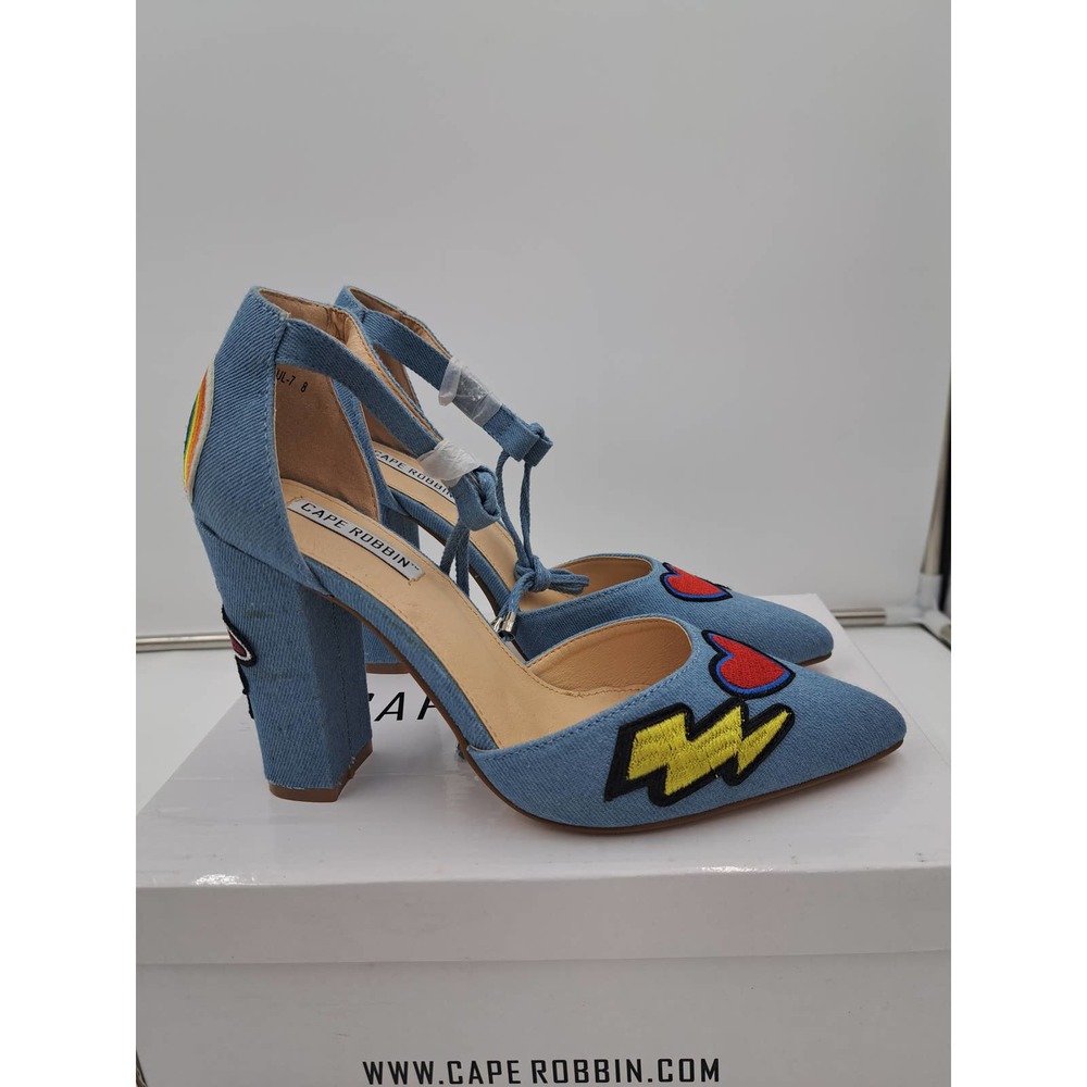 READ Cape Robbin Boho Western Denim Patches block high heel pointy toe Shoes 8